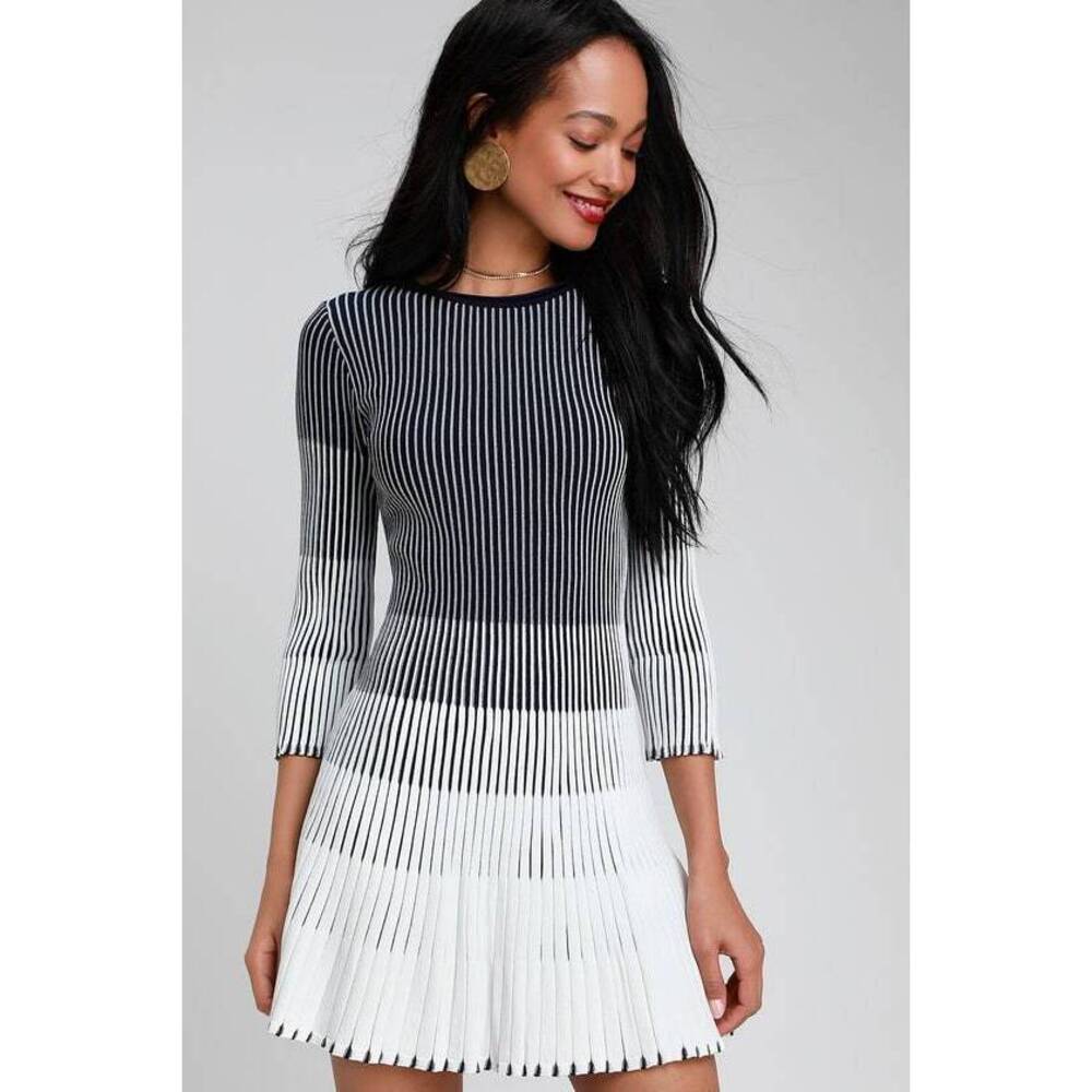 White And Navy Striped Pleated Dress
